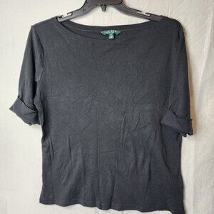 Lauren Ralph Lauren Black Cotton Boat Neck 3/4 Sleeve Top XXL